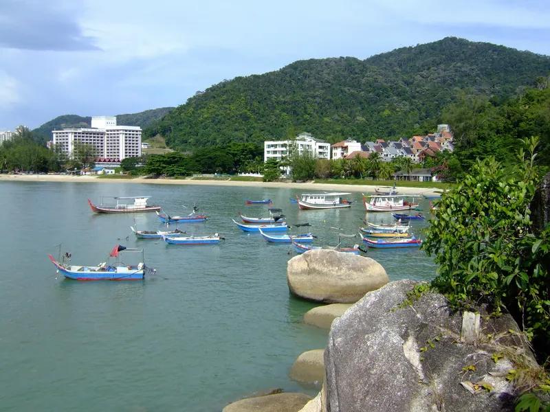 Panorama of Batu Ferringhi beach and its resort strip on the north coast of Penang Island